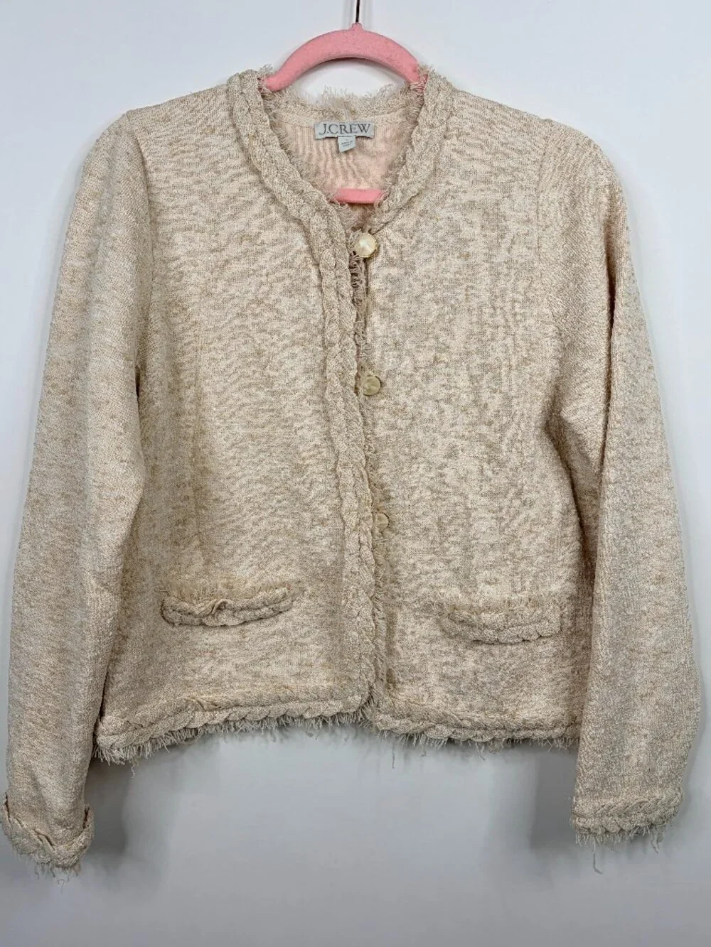 J. Crew Marled Fringe-Trim Sweater Lady Jacket Heather Sand Large #A3784